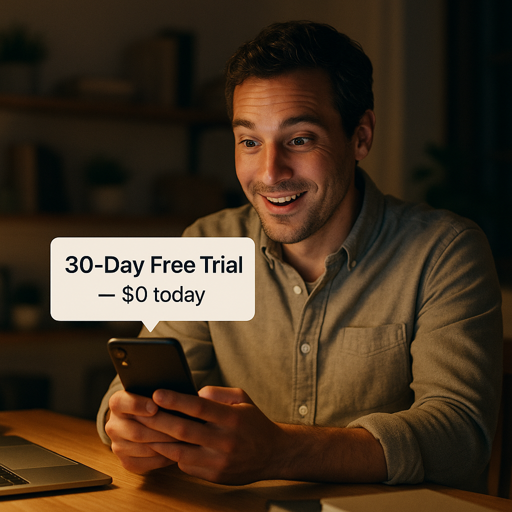Ultra-realistic 16:9 hero photo of a mid-30s small-business owner in a cozy home office at night, warm desk lamp lighting, pleasantly surprised expression while viewing a smartphone that clearly displays a tasteful UI banner reading ‘30-Day Free Trial — $0 today’, soft depth of field, clean modern aesthetic, no logos or brand names, natural color grading, professional photography, subtle bokeh, candid documentary feel.