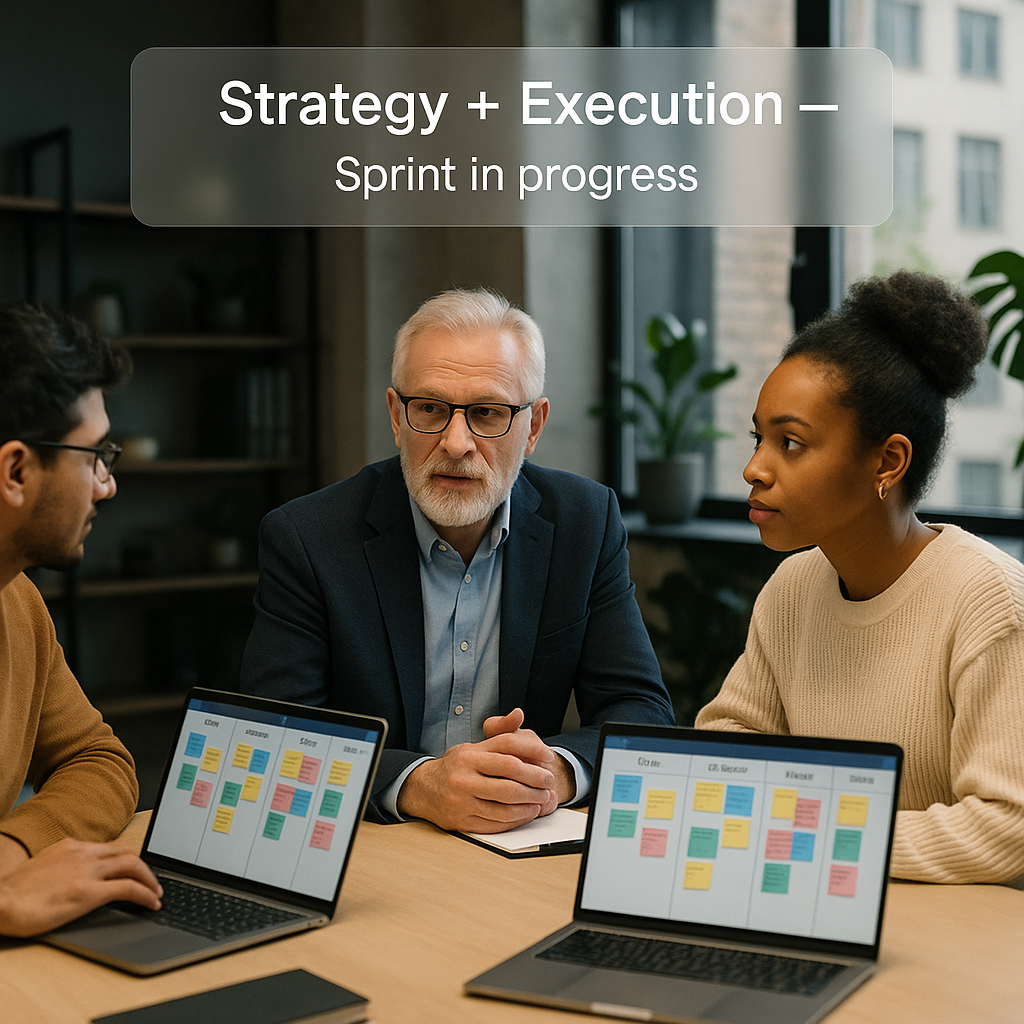 Consultant team reviewing a live sprint with “Strategy + Execution” pop-up.