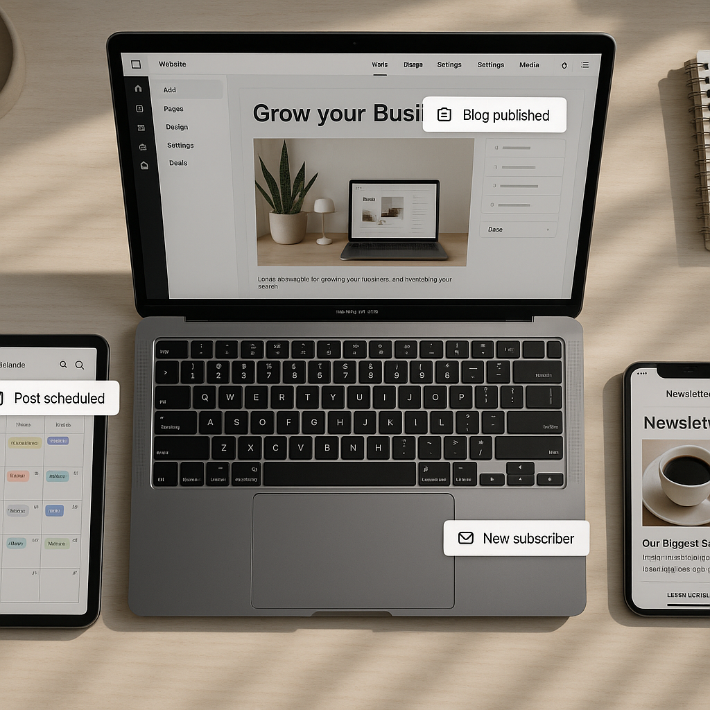 Multi-device view of website, social calendar, and newsletter with ‘published’ pop-ups.