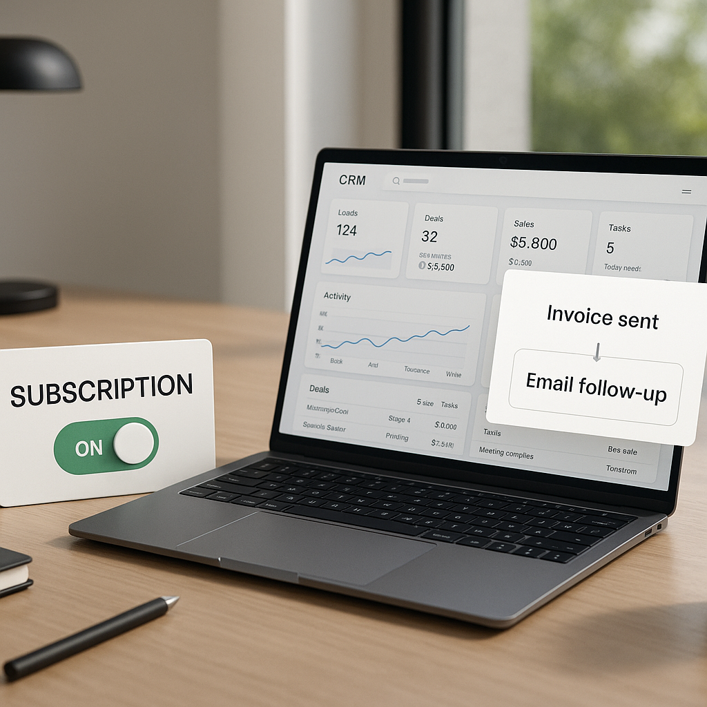 CRM dashboard with automation pop-up and a subscription card toggled on.